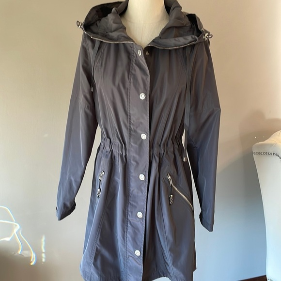 BETSY JOHNSON hooded option cinched waist trench rain coat zipped snap front SM - Picture 1 of 16